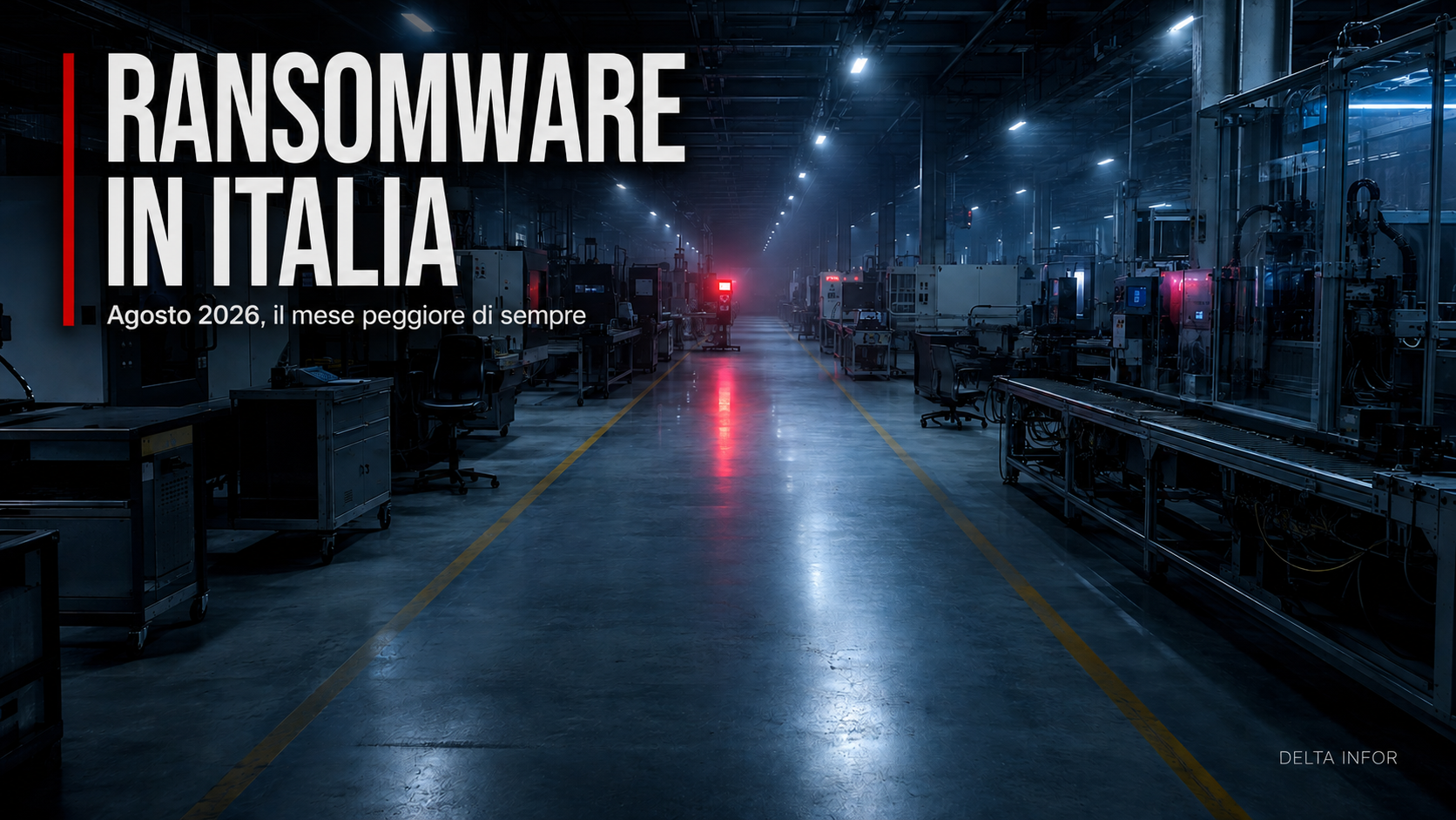 Sala server aziendale con notifica di allarme cybersecurity: ondata ransomware in Italia agosto 2026