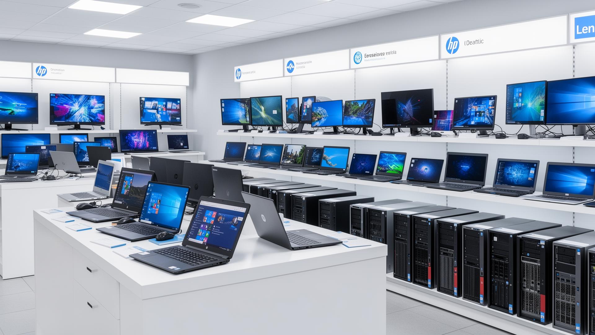 Showroom hardware aziendale Delta Infor con PC, notebook e server
