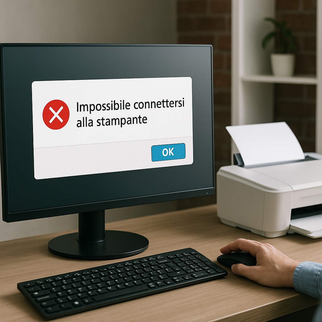 Errore impossibile connettersi alla stampante visualizzato su uno schermo di computer in un ufficio moderno