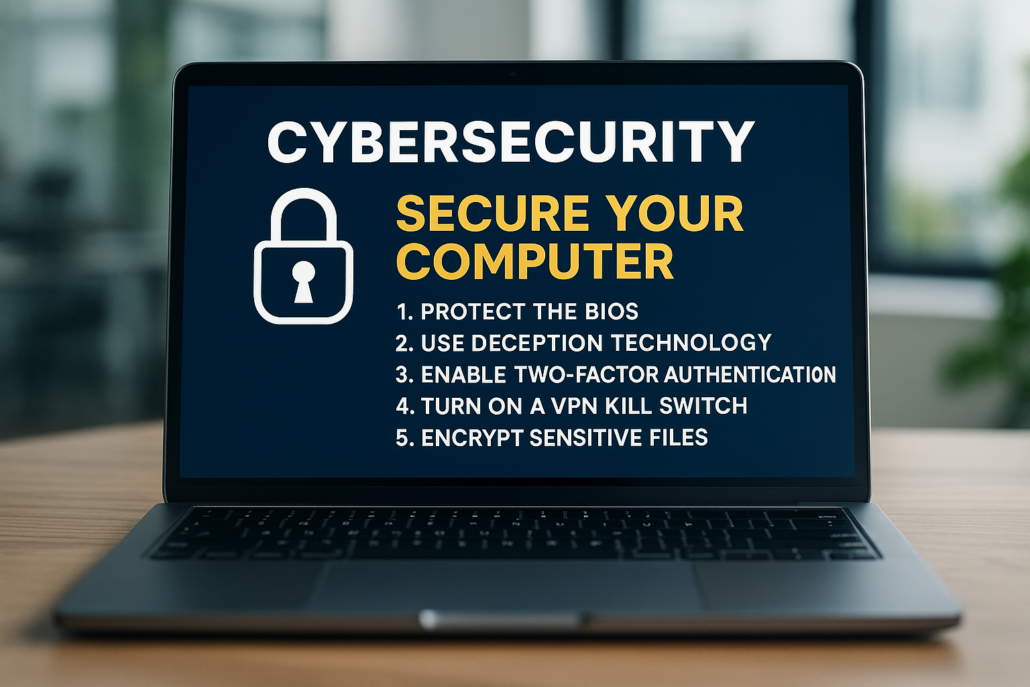 Schermo di un laptop con un messaggio di sicurezza informatica in primo piano, contenente consigli pratici per proteggere il PC, in un ambiente d'ufficio moderno