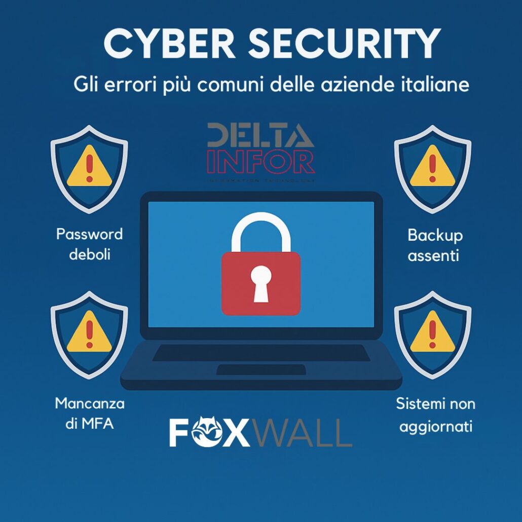 Illustrazione quadrata in stile flat con elementi di cyber security, testo 'Errori comuni nella Cyber Security' e simboli di allerta, lucchetto e computer